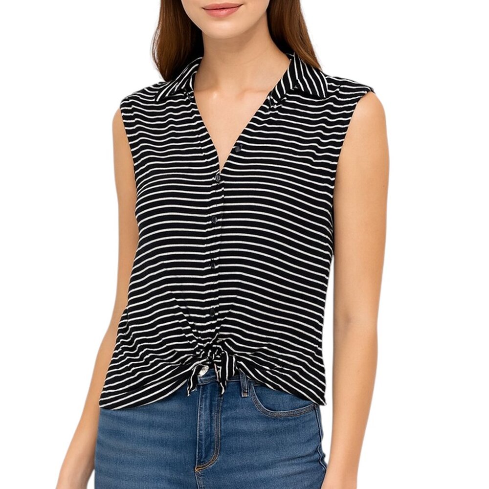Brandy Melville Top Shirt Cap Sleeve Button Up V Neck Stripe Knot Front One Size